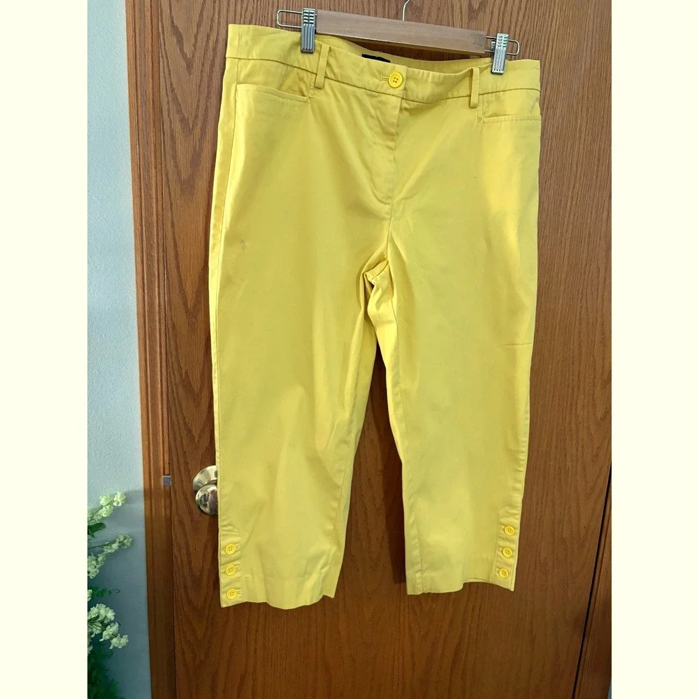 Talbots Yellow Cropped Capri Pants Petite 2 Button Hem Cotton Stretch JO3069